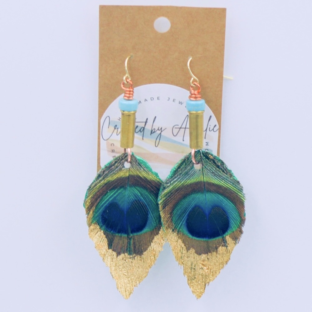 Hand Made Peacock Feather and Leather Earrings - Picture 3 of 6